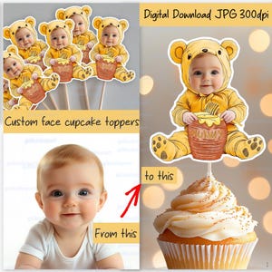 Personalisiertes Gesicht Cupcake Topper, Baby gekleidet im gelben Teddybärkostüm, maßgeschneiderte Winnie Pooh Party Dekoration, 1
