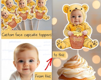 Personalized face cupcake topper, Baby dressed in yellow teddy bear costume, Customized Winnie the Pooh party decoration, 1st Birthday favor