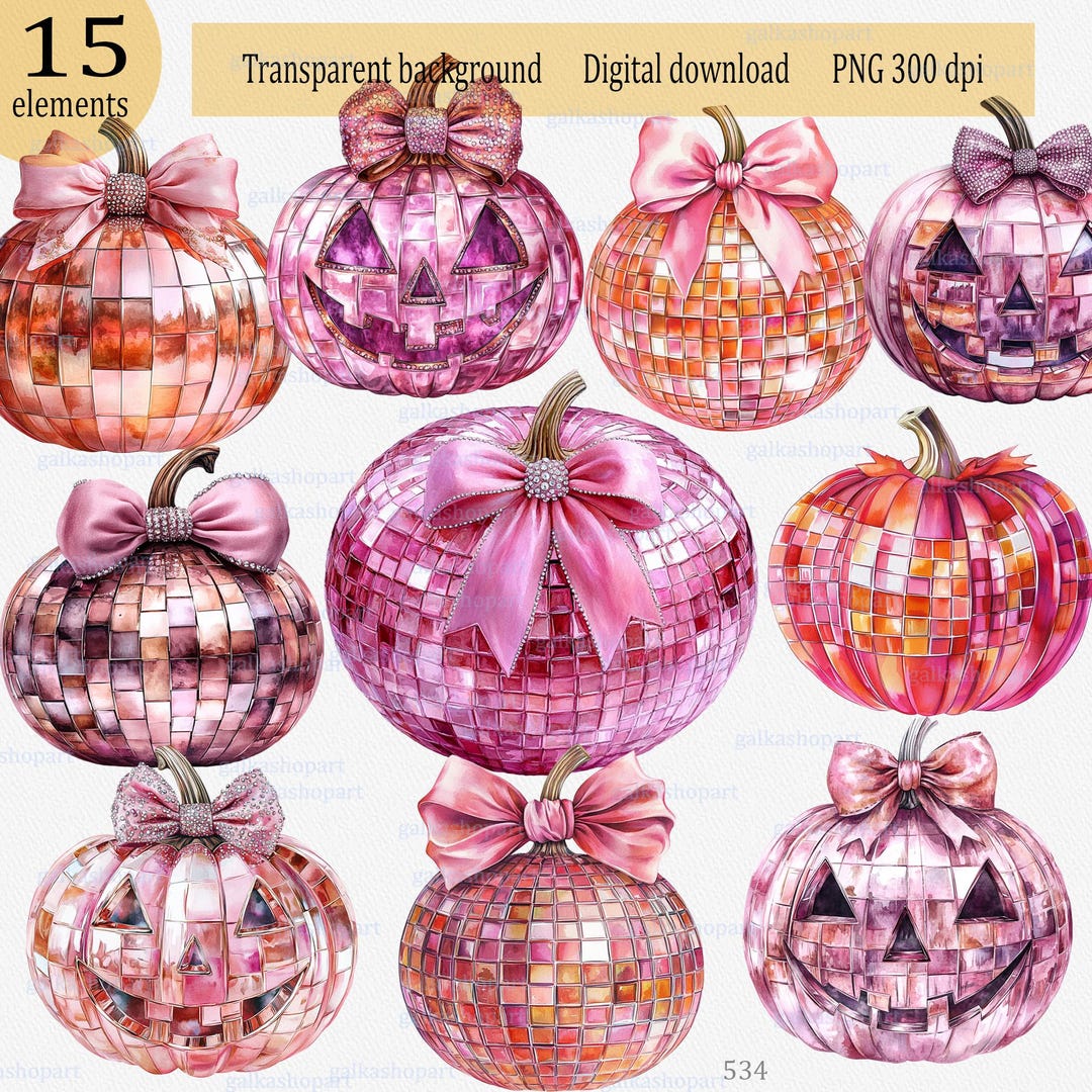 Pink Disco Pumpkin Clipart: Watercolor Halloween Mirrorball Pumpkin PNG ...