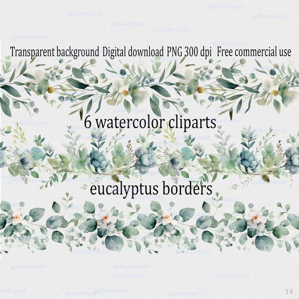 6 Watercolor eucalyptus seamless border cliparts: Green leaves frame PNG, Greenery design, Floral bridal wedding invitation, flower garland