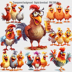 Clipart de poulets mignons drôles : clipart de ferme, coq ivre de danse folle, 8 PNG transparents, impression occidentale de sublimation, conception imprimable