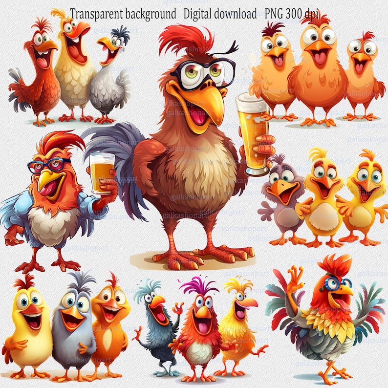 May include: A set of 10 cartoon rooster and chicken illustrations with various expressions and poses. Some are wearing glasses and holding a glass of beer. The illustrations are in a cartoon style and have a bright, colorful palette.