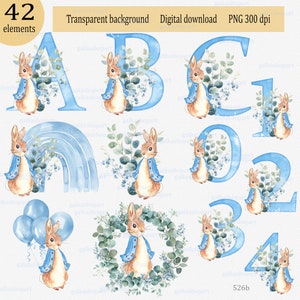 Peter Rabbit alfabeto azul y clipart numérico PNG: 26 letras individuales de acuarela, 10 números y 6 diseños con dígitos de monograma de conejito floral