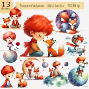 Netter kleiner rothaariger Junge, Märchenprinz mit einem Fuchs, Aquarell-Illustration, Prinz Thema, Märchenpilot Clipart PNG, Kinderzimmerdekor
