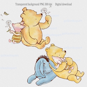 Diseño de sublimación clásico de Winnie the Pooh, decoración de fiesta infantil, acuarela, clipart PNG, oso, cerdito, burro, Eeyore, arte de pared de género neutro