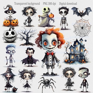 Creepy Cute Halloween Clipart PNG: Spooky Kids, Pumpkin, Ghost, Witch, Spider, Zombie, Vampire, Haunted House, Bat, Tree, Web Art, set of 17