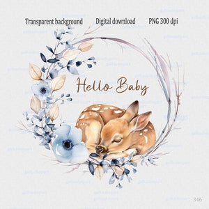 Blaue Blumen Kranz PNG mit Baby Reh für Sublimation: Neue Baby-Dusche, Hallo Baby Clipart, Aquarell schlafendes Rehkitz