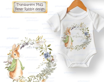 Peter Rabbit Floral Wreath PNG, Watercolor Bunny Greenery Clipart, First Birthday Sublimation Design