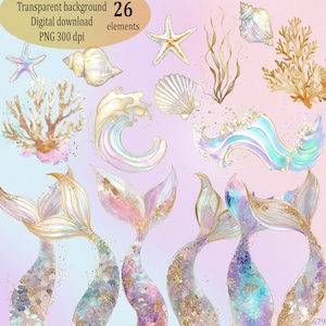 きらめく人魚のひれのクリップアートPNG – 水彩パステルの海の要素、キラキラした尾のサンゴ、ヒトデ、貝殻、海藻の波、ファンタジービーチグラフィック