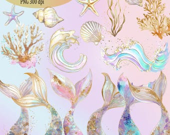 Shimmering Mermaid Fins Clipart PNG – Watercolor Pastel Sea Elements, Glitter Tail Coral Starfish Shell Seaweed Wave, Fantasy Beach Graphics