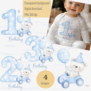 Desenhos de sublimação de aquarela de aniversário de ursinho de pelúcia para idades de 1 a 3 anos de Filho Neto Sobrinho, clipart PNG para cartão de felicitações ou body de bebê
