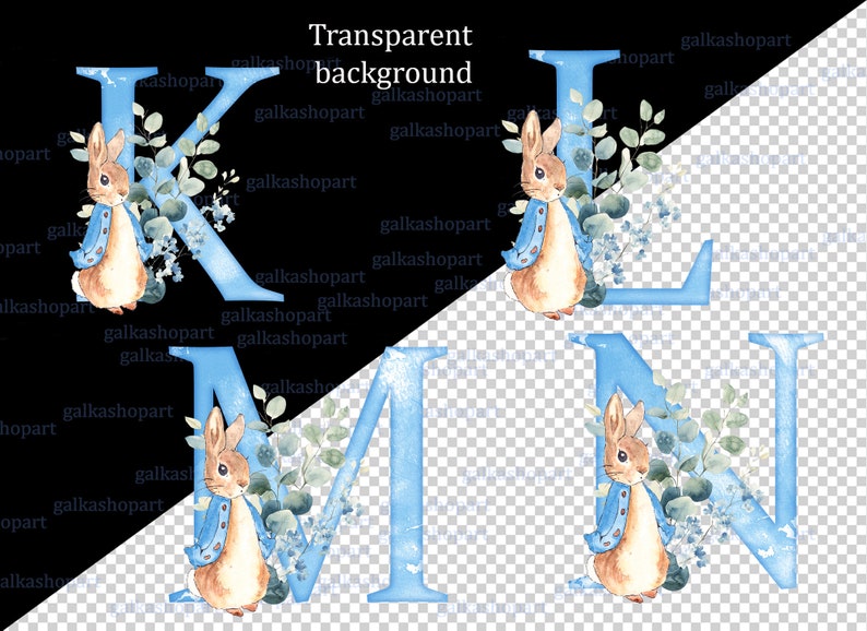 Peter Rabbit Lettering Peter Rabbit Blue Alphabet & Numeral Clipart PNG: 26 Watercolor ...