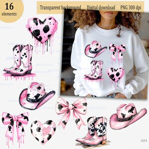 Imágenes prediseñadas PNG de San Valentín occidental: lazo, corazón, sombrero de vaquera y botas; vibraciones de amor coquetas; diseño de sublimación de camisa de moda; imágenes prediseñadas del día de San Valentín