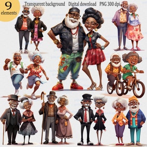 Schattig oud Afro-Amerikaans echtpaar Clipart PNG: vrolijke oude dames & heren, oudere runing en fietsers, donkere huid oma en opa, Punk Goth
