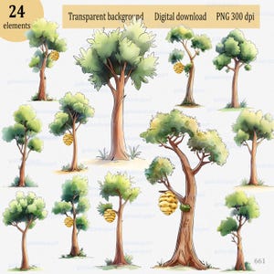 Sommer großer Baum mit Bienenstock, Aquarell Clipart PNG, Puuh Märchen, Wald Laubbaum für Sublimation & Druck Party Stand Up Requisiten