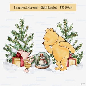 Winnie the Pooh y Piglet clásicos con pinos y bola de nieve: clipart PNG; Diseño para adornos; Oso vintage de acuarela; Primera Navidad
