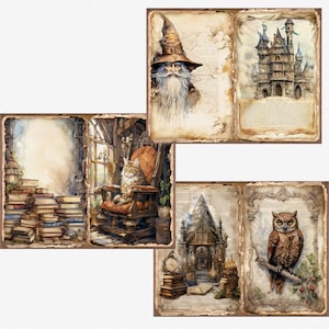 May include: Four vintage book covers with illustrations of a wizard, a cat, a building, and an owl. The covers are decorated with ornate borders and have a worn, aged look.