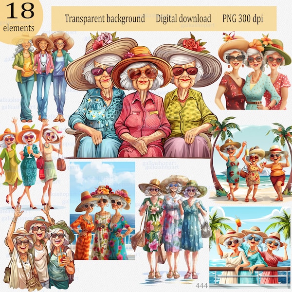 Three Old Ladies Traveler Clipart PNG: Funny traveling woman, Cute cartoon grandmother with luggage Cheerful granny Grandma on a cruise ship