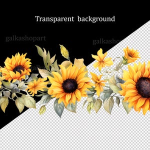 K&ouml;nnte beinhalten: Eine Aquarell-Illustration eines Randes aus Sonnenblumen und Gr&uuml;n. Die Sonnenblumen sind gelb mit braunen Zentren und das Gr&uuml;n ist eine Mischung aus Hell- und Dunkelgr&uuml;n.