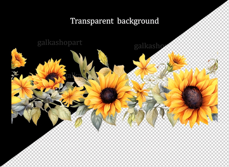 K&ouml;nnte beinhalten: Eine Aquarell-Illustration eines Randes aus Sonnenblumen und Gr&uuml;n. Die Sonnenblumen sind gelb mit braunen Zentren und das Gr&uuml;n ist eine Mischung aus Hell- und Dunkelgr&uuml;n.
