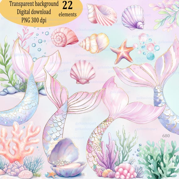 Sea Life & Mermaid Clipart PNG – Watercolor Ocean Animals, Glitter Tails, Coral, Beach Elements for Invitations, Nursery Decor and Crafts