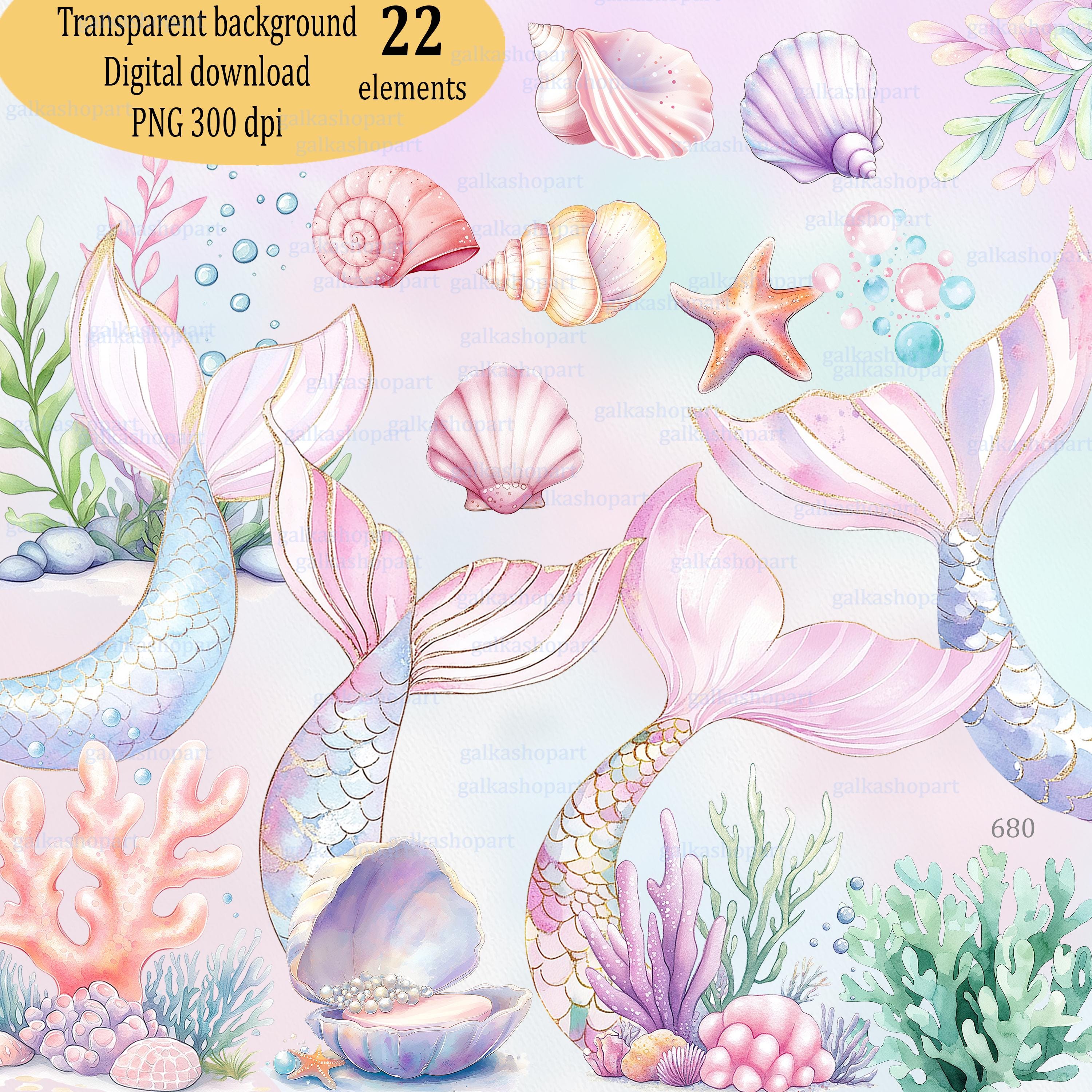 Sea Life & Mermaid Clipart PNG – Watercolor Ocean Animals, Glitter Tails, Coral, Beach Elements for Invitations, Nursery Decor and Crafts