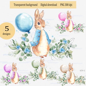 5 Farben Peter Rabbit Design, Pflanzen und Luftballons Sublimation, Flopsie Bunny Illustration, Gender neutral Kinderparty, Aquarell Clipart png