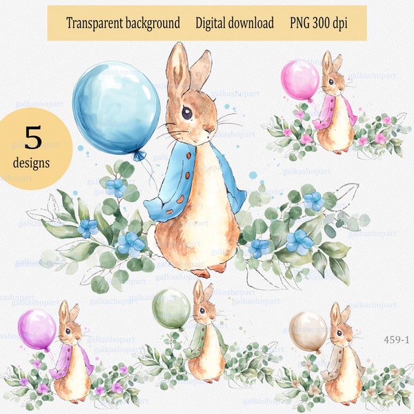 5 colors Peter Rabbit design, greenery & balloons sublimation, Flopsy Bunny illustration, Gender neutral kid's party, watercolor clipart png