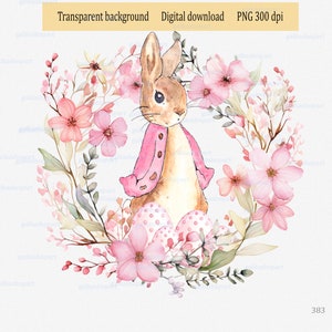 Mein erstes Ostern, Peter Rabbit mit Eiern im Blumenkranz, Sublimation PNG, Baby T-Shirt Design, Aquarell Blume Clipart, Flopsie Bunny