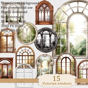 Victoriaanse architectuurvensters, afzonderlijke afbeeldingen, Digital Image Set ClipArt, transparante afdrukbare PNG-bestanden voor het maken van poppenhuis en andere