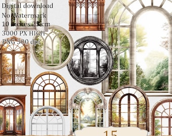 Victorian Architecture windows, Separate Images, Digital Image Set ClipArt, Transparent Printable PNG files for making dollhouse and other