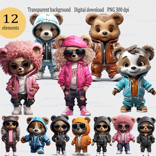 Clipart-Set mit 12 trendigen Mädchen- und Jungen-Teddybären: Tierillustrationen, PNG-Dateien auf transparenten Seiten für Sublimation, farbenfrohes Hoodie-Design