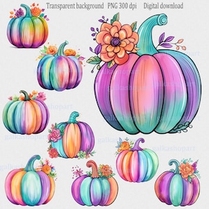 Set van 9 geschilderde pompoenen met sublimatie van bloemen, png-ontwerp: herfstbloemen aquarel clipart, grillige herfstfoto, halloween-afbeeldingen