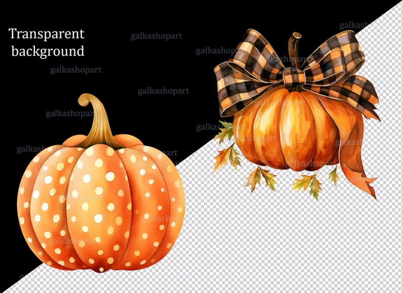 Watercolor Pumpkin Clipart Set: Fall Bow Pumpkins PNG, Gingham and ...