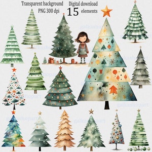 Árbol de Navidad en acuarela PNG clipart: Ilustración de vacaciones de invierno, formas simples de árboles nórdicos, diseño de sublimación navideña, abeto de Año Nuevo