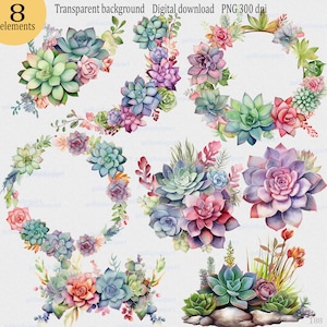 Ensemble de succulentes cliparts PNG : verdure aquarelle, bordure de couronne de fleurs, composition végétale, faire-part de mariage Art imprimable en sublimation