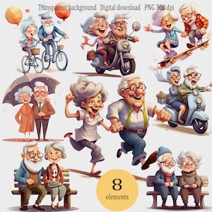 Niedliches altes glückliches Paar Clipart PNG, alte Damen und alte Männer, aktive alte Männer, Cartoon Oma und Opa, Geschenk für romantische Großeltern