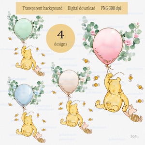 Winnie l'ourson et porcelet classique sur ballon, ours et cochon vintage, design par sublimation, décoration de baby shower et d'anniversaire, clipart aquarelle PNG