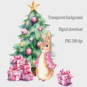 Flopsie Bunny Weihnachtsbaum Clipart PNG: Aquarell Pink Peter Rabbit Weihnachtsdesign, Sublimationsdruck, Kartenherstellung, Weihnachtssack, Baby First