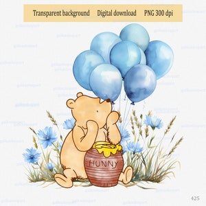 Winnie l'ourson classique avec du miel et des ballons sur une prairie d'été avec des fleurs : conception PNG pour l'impression par sublimation ; Clipart ours aquarelle