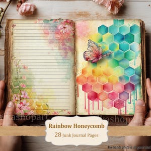 Rainbow Honeycomb Junk Journal Kit: 28 Printable Pages, Watercolor Honeycomb & Butterfly Digital Paper, Collage Sheets for Scrapbooking