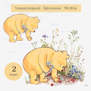 Clássico Ursinho Pooh no jardim: clipart PNG; urso floral com frutas vermelhas, desenho em aquarela, impressão para fazer cartões e outras decorações de festa