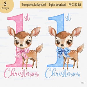 Premier renne de Noël avec noeud Clipart PNG : 1er Noël de bébé design pour sublimation et impression, fichier PNG transparent, cerf aquarelle