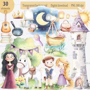 Clipart PNG de personajes y elementos de cuentos de hadas de Rapunzel, diseños de cumpleaños con temática de princesas, fiesta enredada, linda chica de acuarela en morado