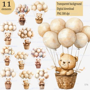 Ours en peluche dans un panier avec des ballons PNG Clipart : aquarelle boho, joli bébé animal, montgolfière, baby shower beige neutre