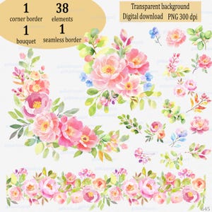 Aquarell Rose Pfingstrose Clipart PNG rosa gelbe Blume Licht Aquarell Blumenstrauß, Ecke & nahtlose Ränder für Hochzeit Brauteinladung