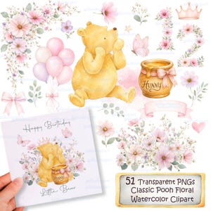 Könnte beinhalten: Aquarell-Clipart mit einem gelben Bären, einem Honigtopf, rosa Blumen, Schmetterlingen und Luftballons. Enthält eine Geburtstagskarte mit dem Text "Happy Birthday" und "Little Bear". Ein Banner liest "Hunny".