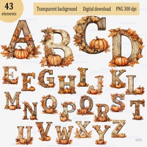 Gemütliches Herbst Alphabet PNG Buchstaben Clipart mit Blättern & Kürbis Herbst Holz Schrift Aquarell Monogramm Design für personalisierten Namen