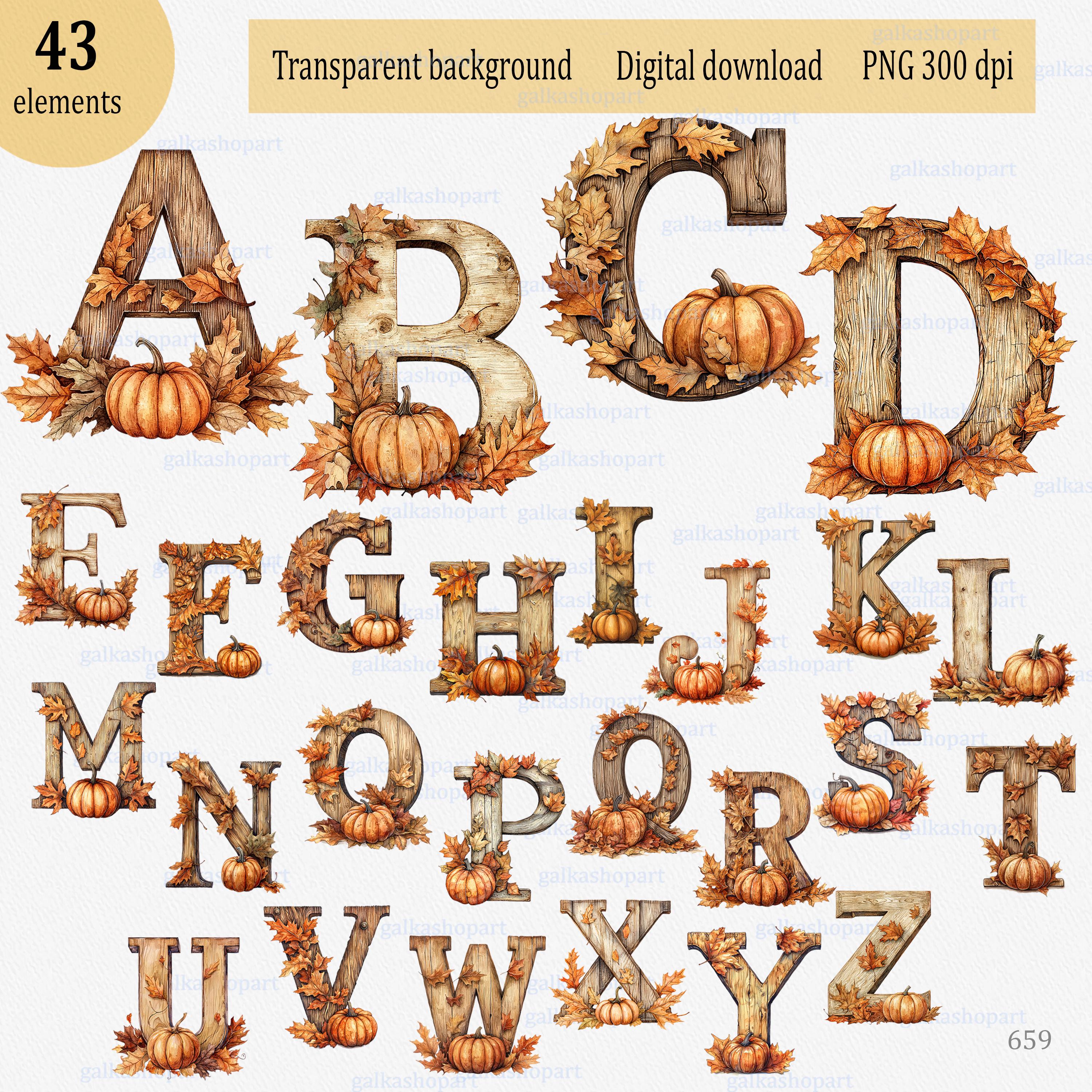 Fall B Fall Alphabet Clipart Set: Rustic Wood Letter PNG Bundle With Pumpkins ...