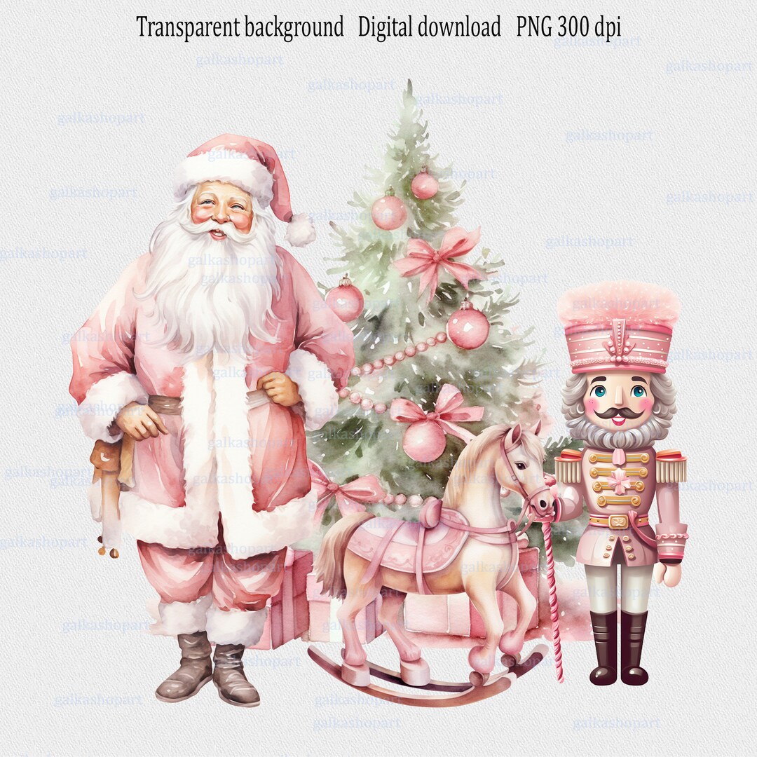 Watercolor Pink Christmas Tree Nutcracker Santa PNG Sublimation Design